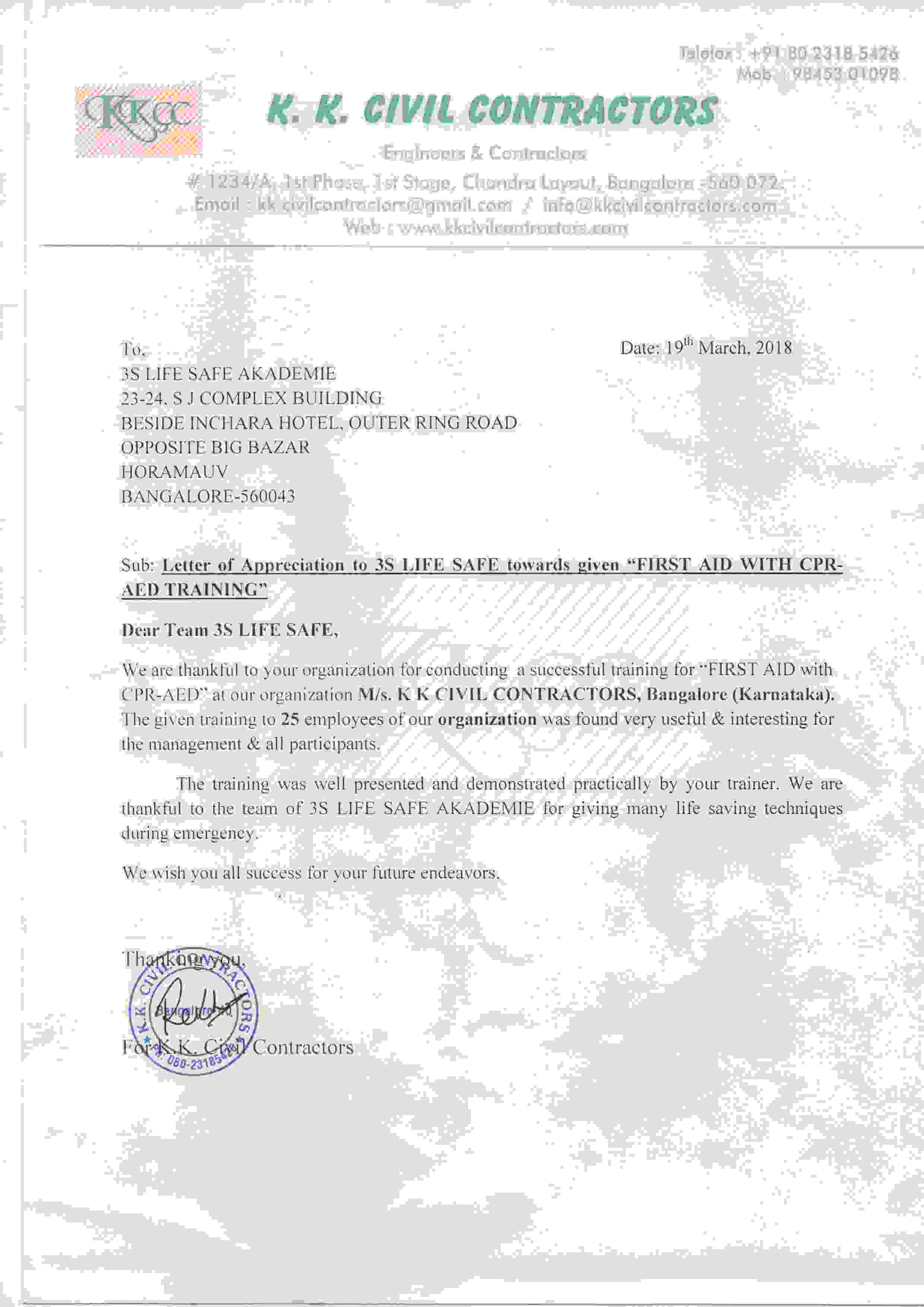KK Civil Contractor Appreciation Letter